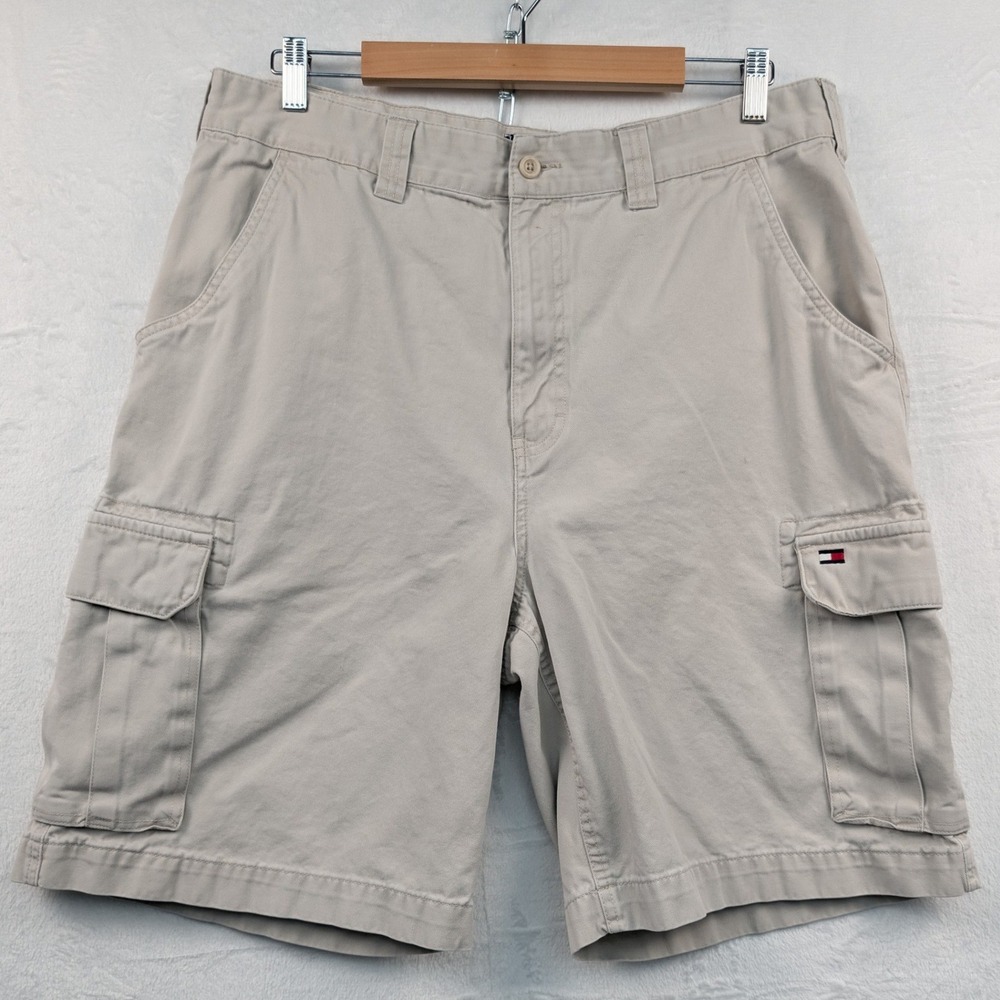 VTG Tommy Hilfiger Cargo Shorts Men's 38 Tan 10" Utility Twill Relaxed Fit Y2K